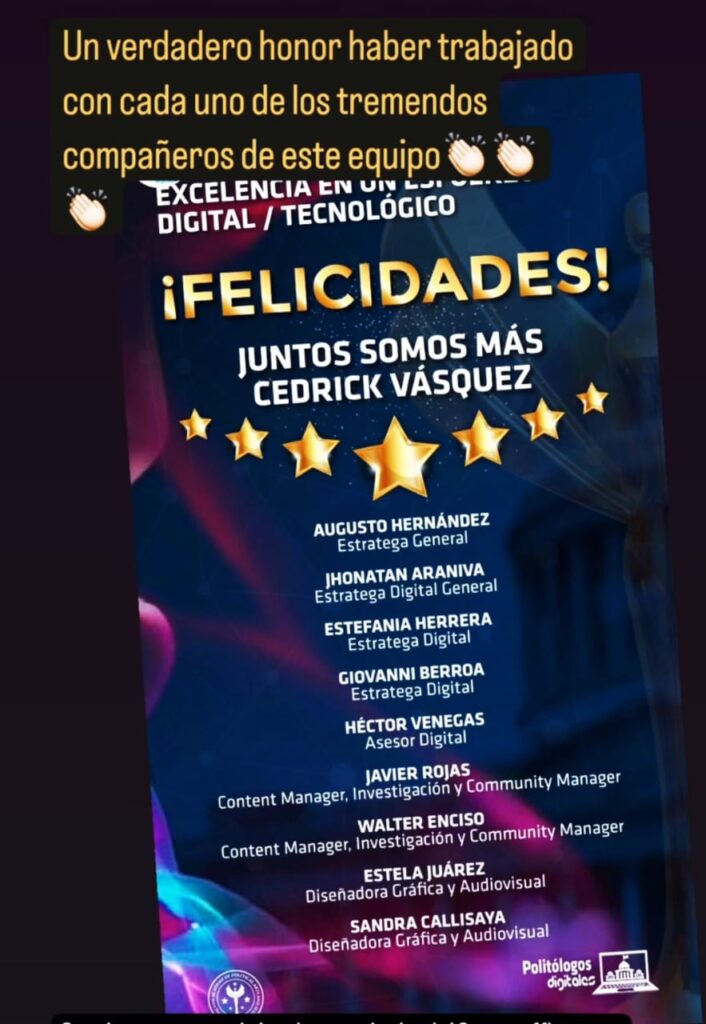 Premios por la campaña ganadora en El Salvador. Mensaje estratégico y manejo de Comunicación en Redes Sociales.