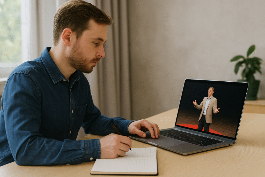 Hombre tomando notas mientras observa una charla TED online, como parte de su entrenamiento en presentaciones exitosas y discurso efectivo.