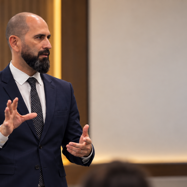 Walter Enciso durante una presentación ejecutiva en una sala moderna
